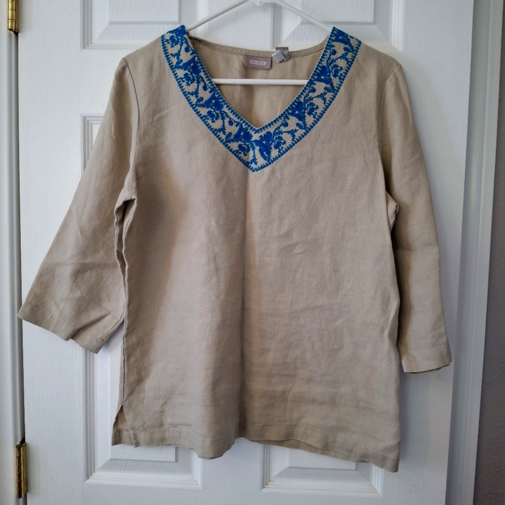 Chicos womens sz 1(M/8) beige 100% linen V Neck Embroidered 3/4 sleeve Tunic Top